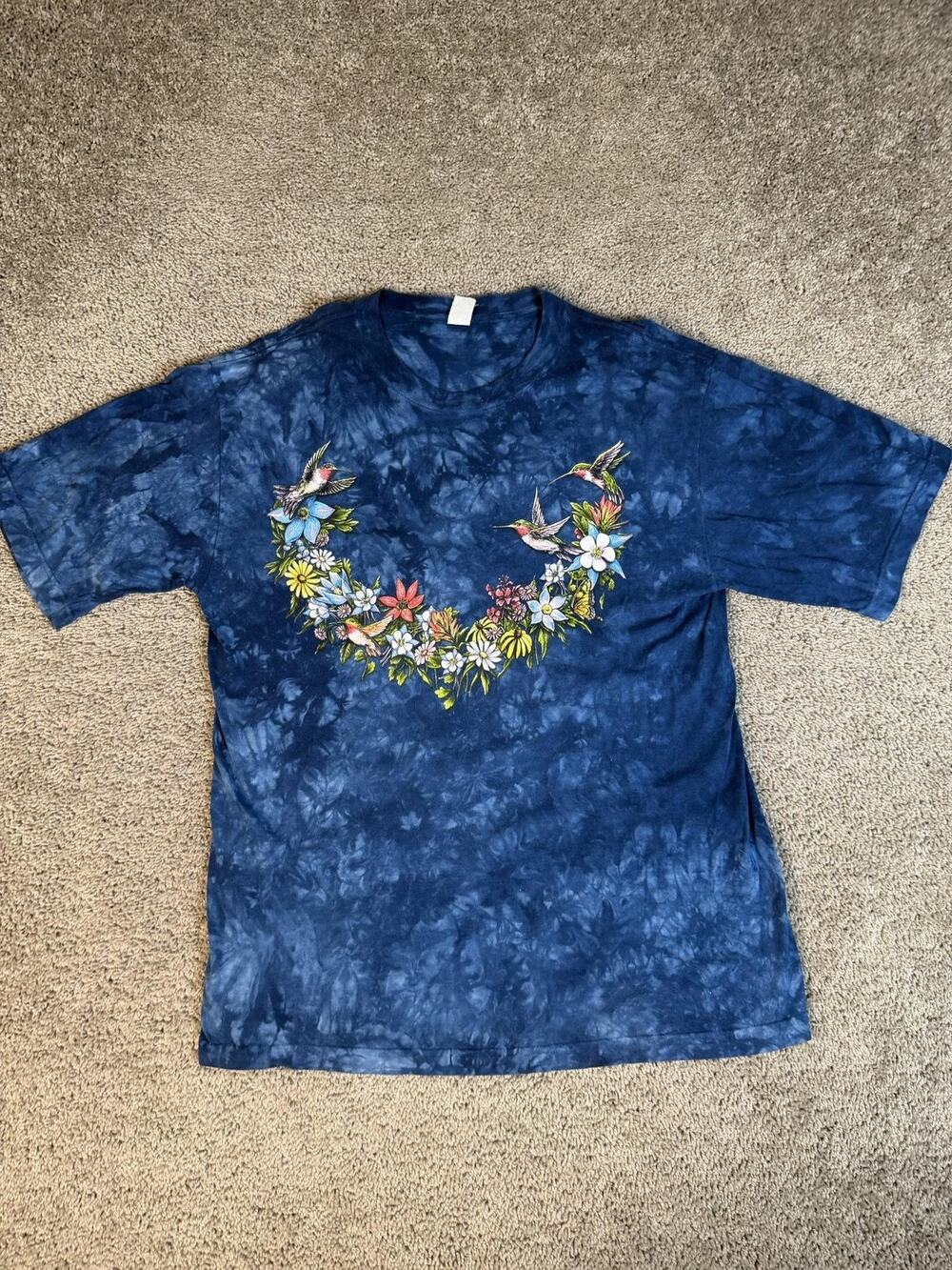Vintage Hummingbird Shirt Mens L Blue Tie Dye Floral Jem Sportswear Wildlife 90s